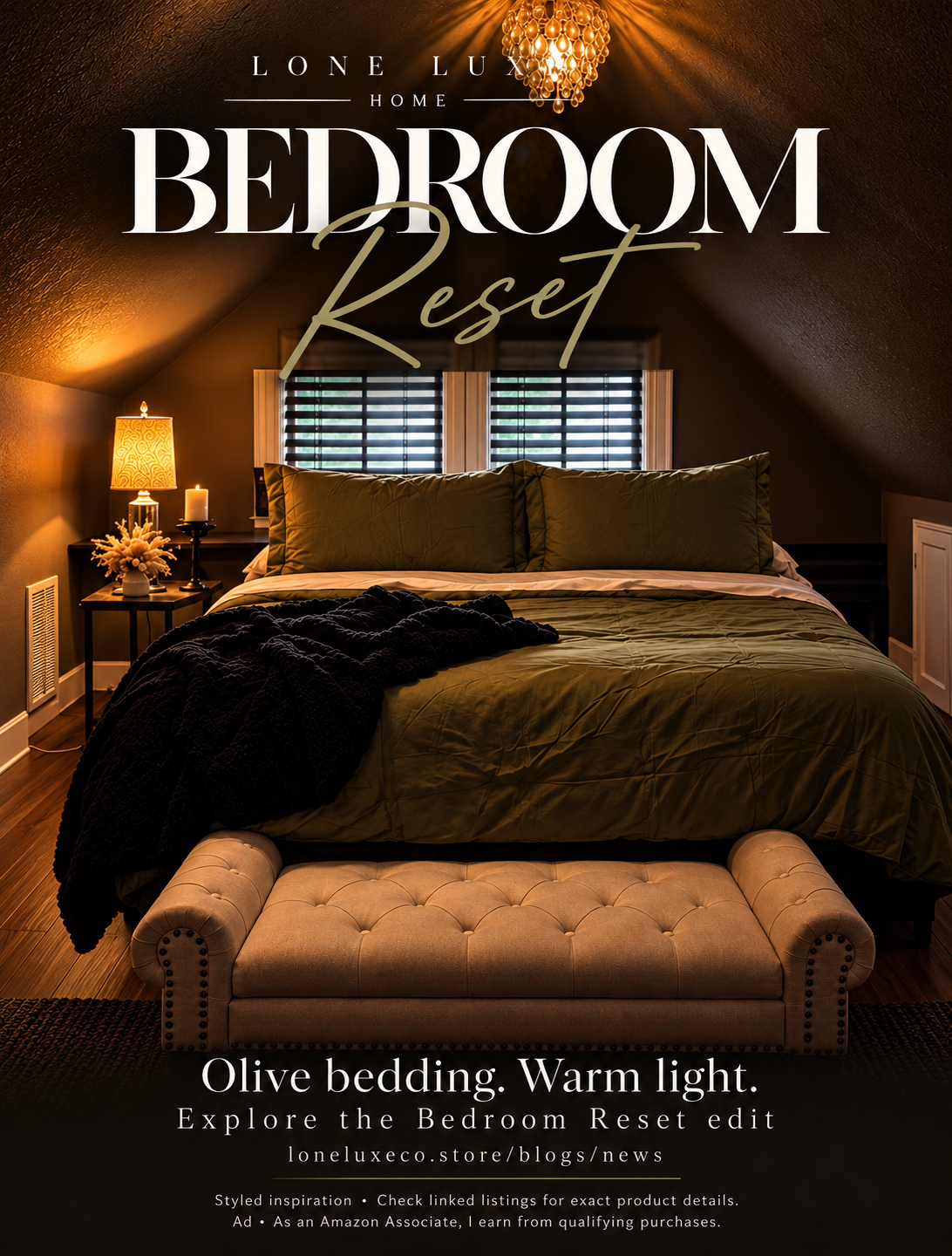 Bedroom Reset: styled inspiration with olive bedding and warm lighting. Check linked listings for exact product details.