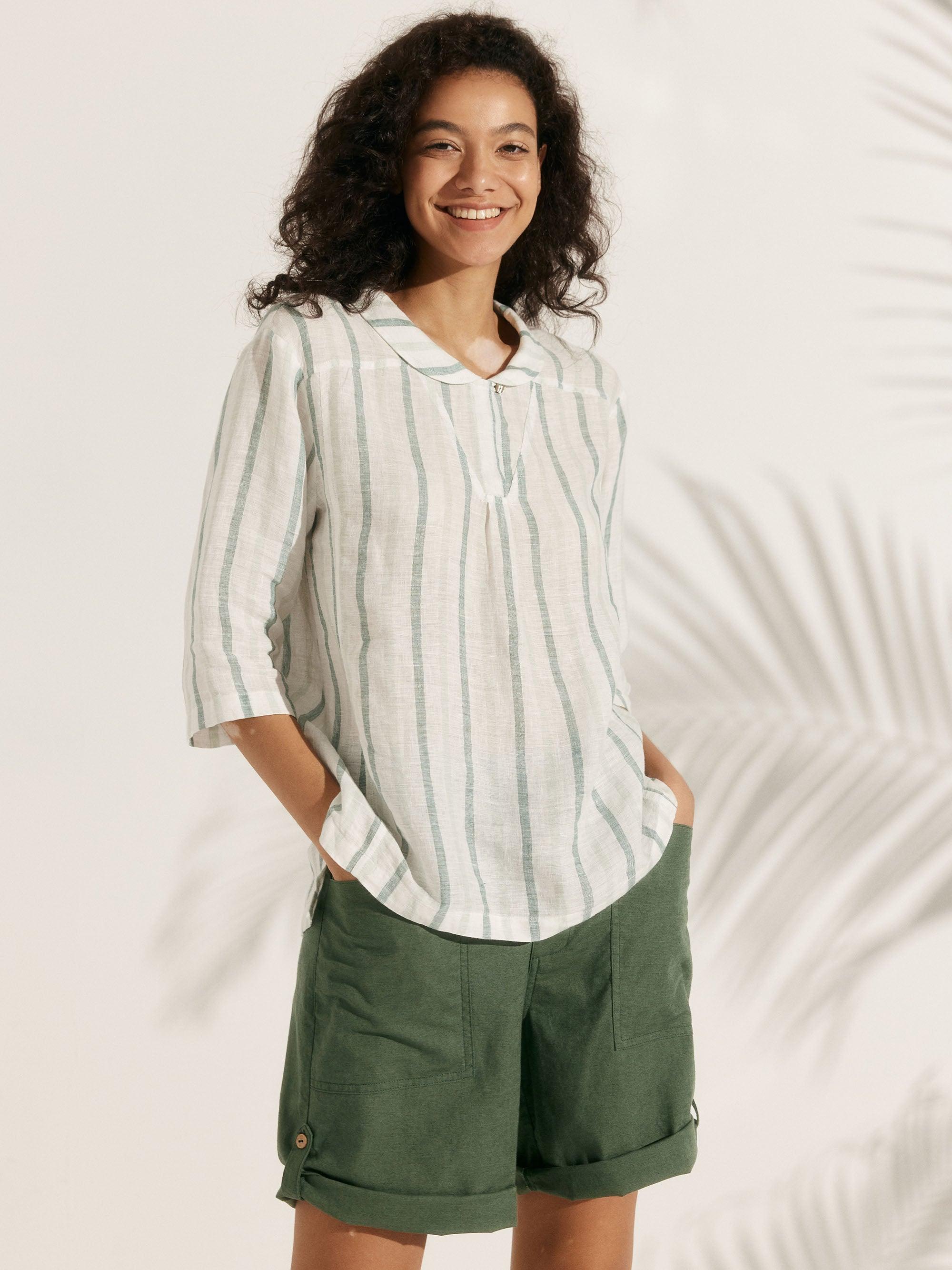 100% Linen Shawl V-Neck Half Sleeve Top JADE