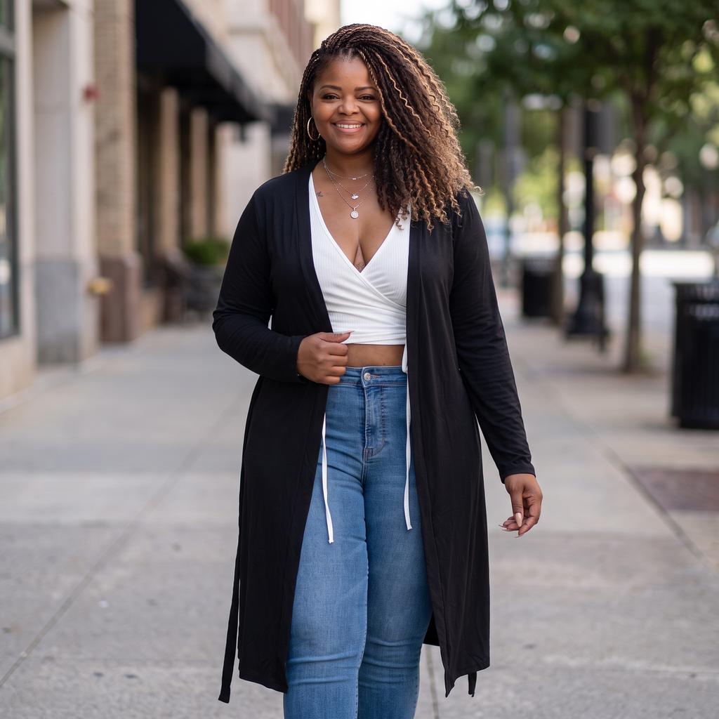 Plus Size Black Belted Cardigan