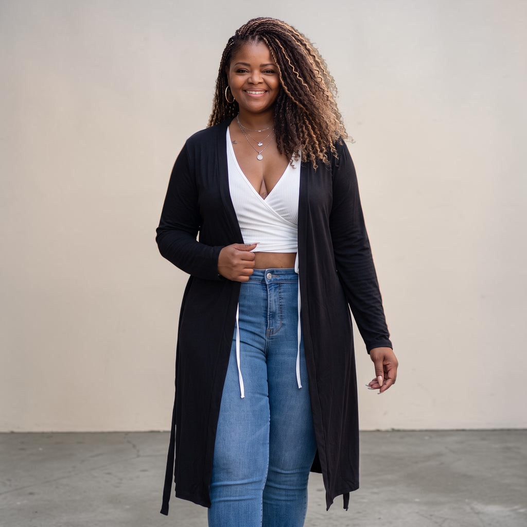 Plus Size Black Belted Cardigan