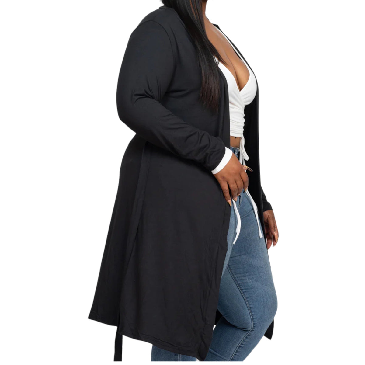 Plus Size Black Belted Cardigan