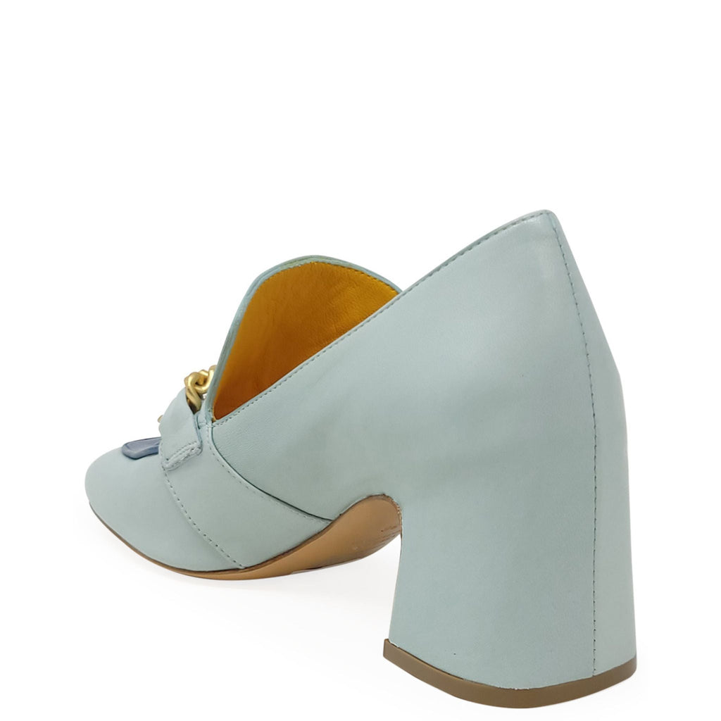 Turq/Blue Leather Mid Heel Loafer W/Chain