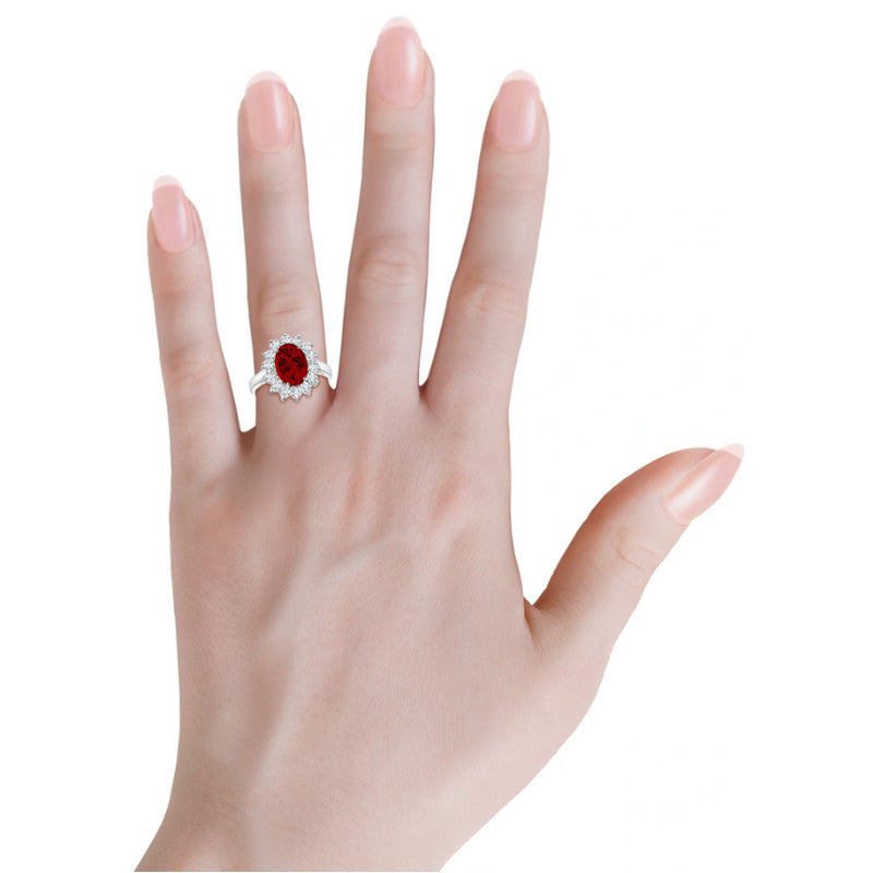 AGI Certified 3CTW Oval Lab Ruby Princess Diana Engagement Ring With Lab Diamond Halo in Choice of 14K White or Yellow Gold – 9x7mm