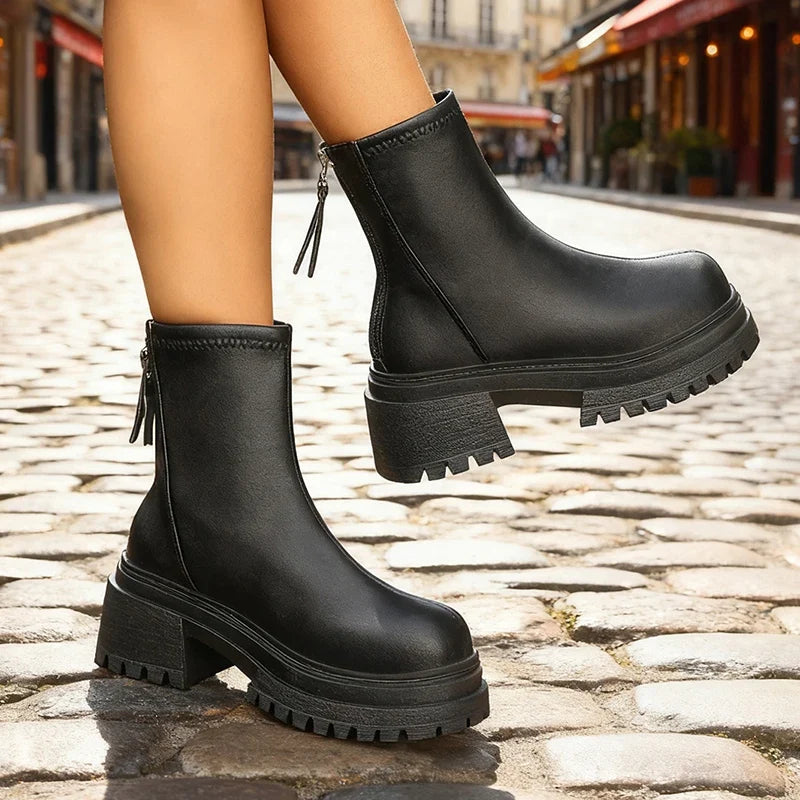 Black Faux Leather Platform Ankle Boots