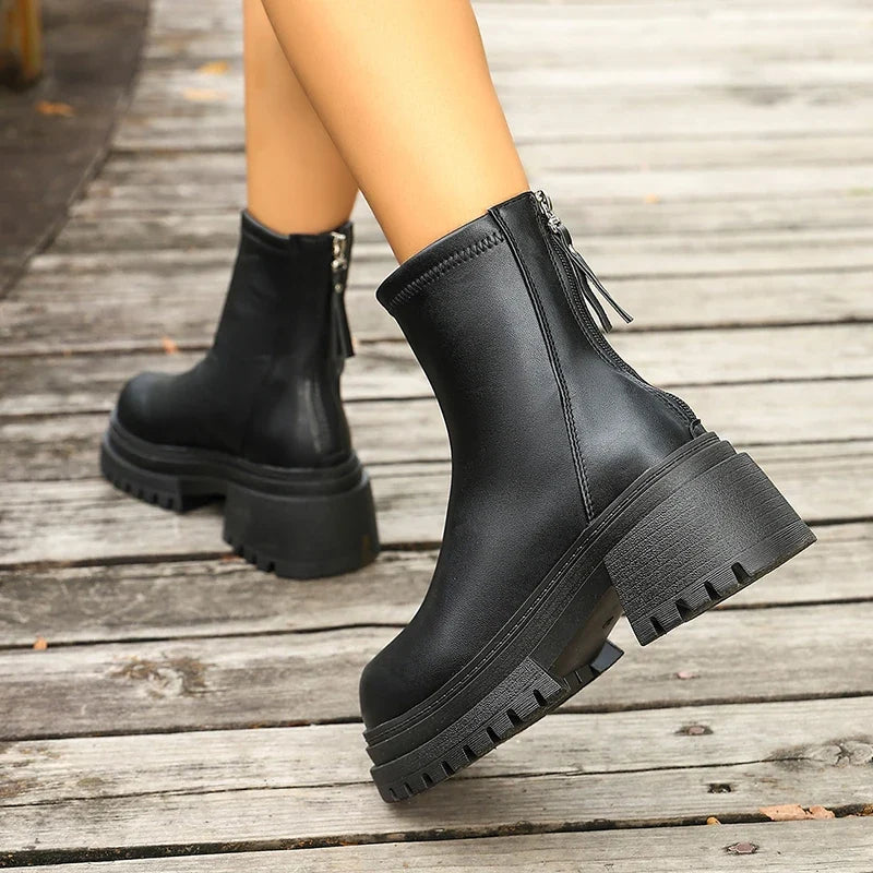 Black Faux Leather Platform Ankle Boots