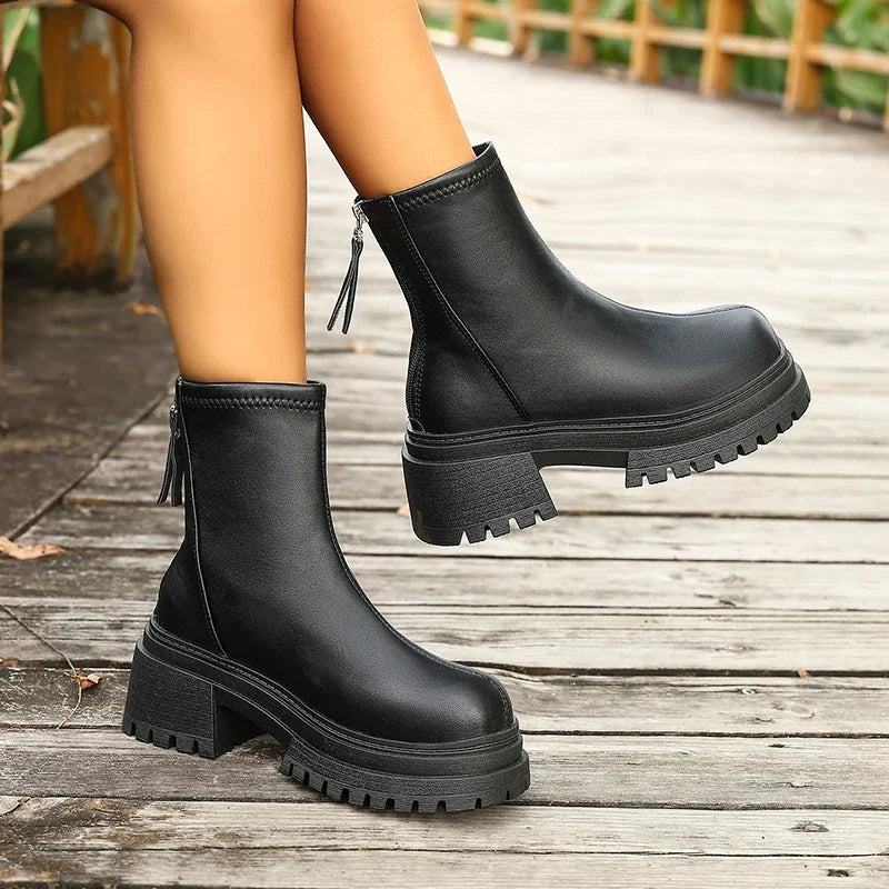 Black Faux Leather Platform Ankle Boots