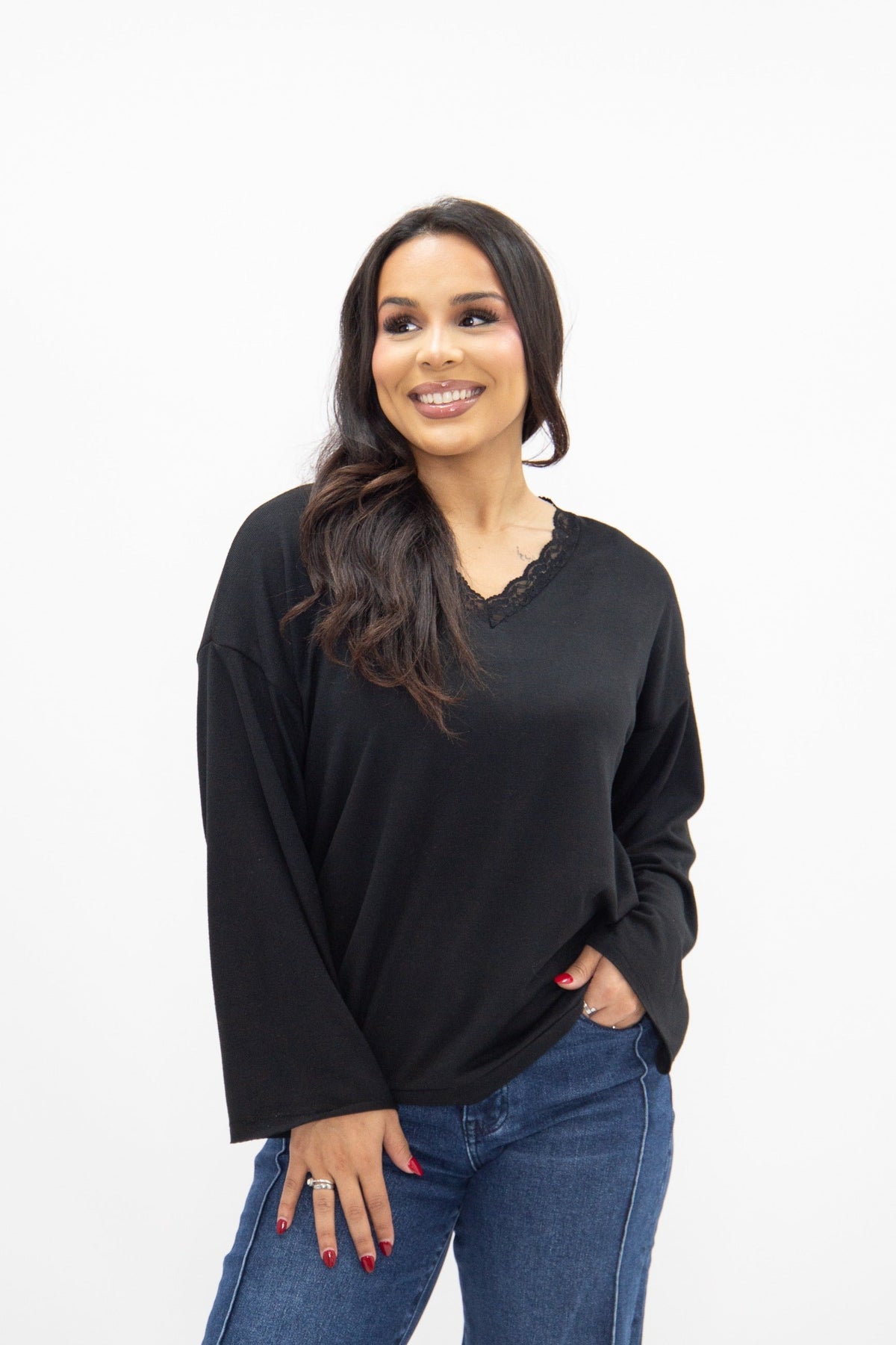 Black Lace-Trim V-Neck Top