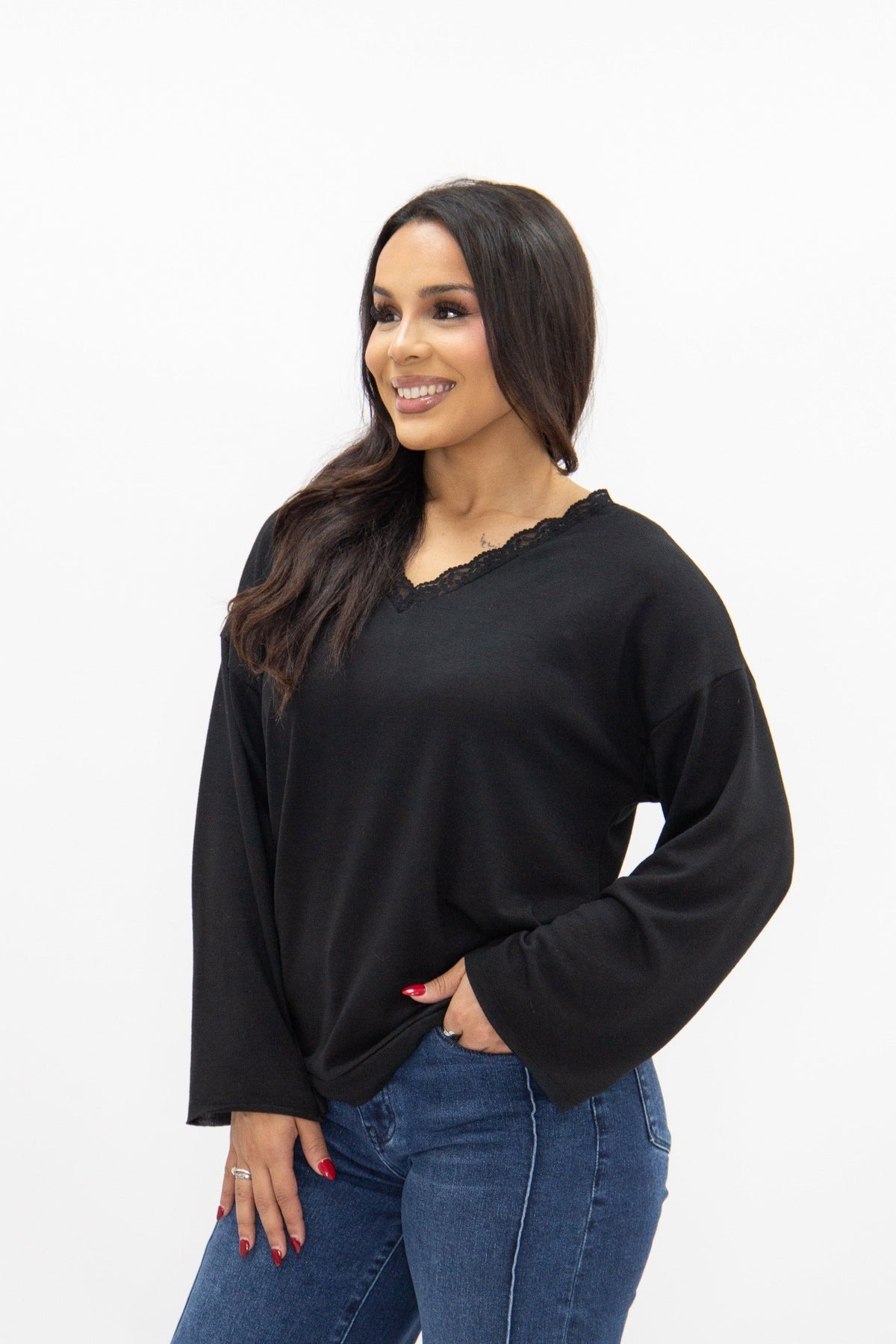 Black Lace-Trim V-Neck Top