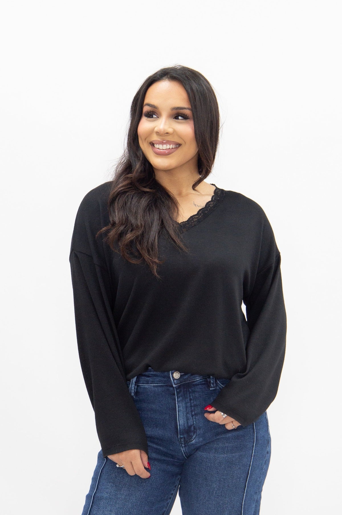 Black Lace-Trim V-Neck Top