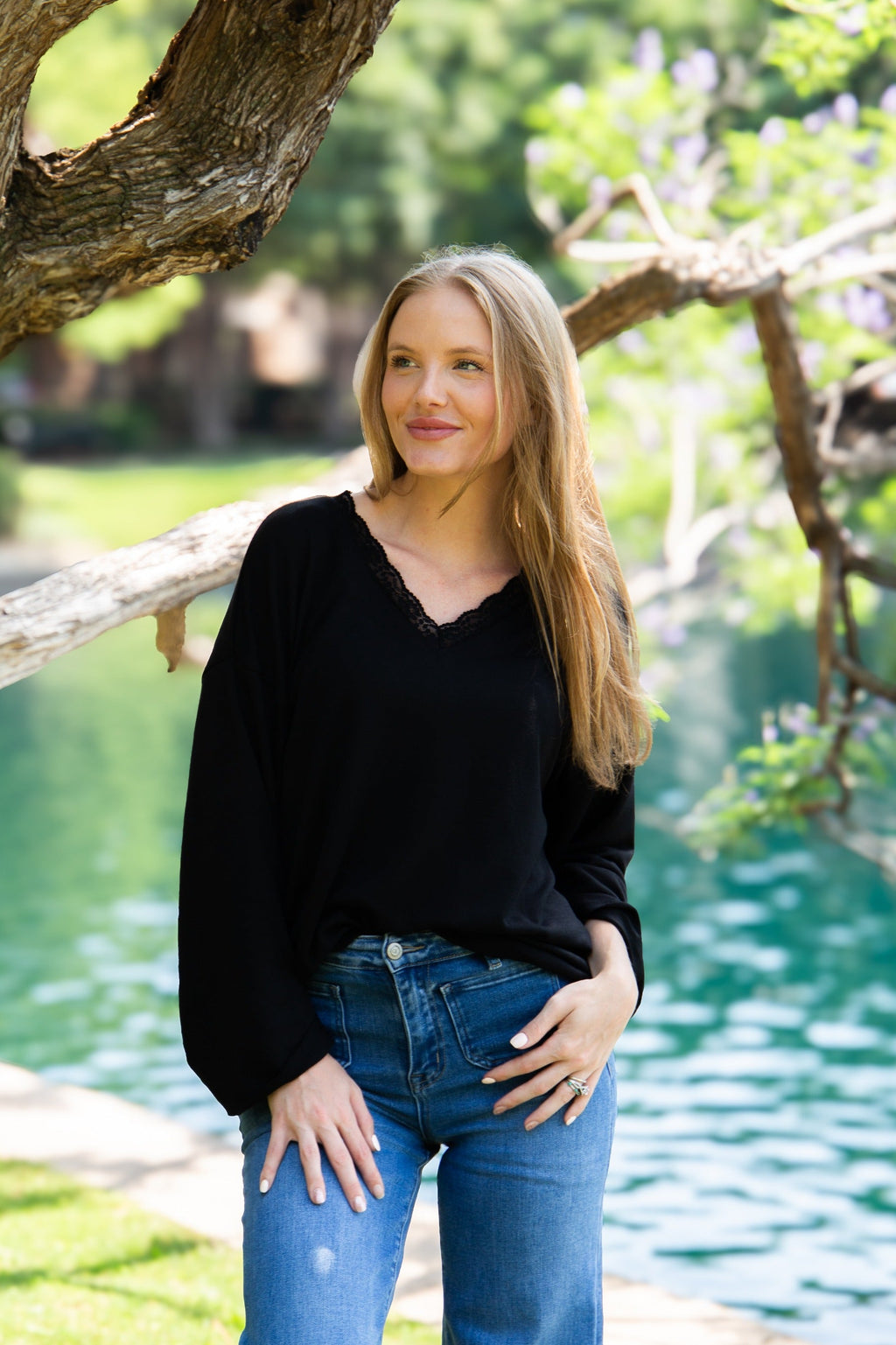 Black Lace-Trim V-Neck Top