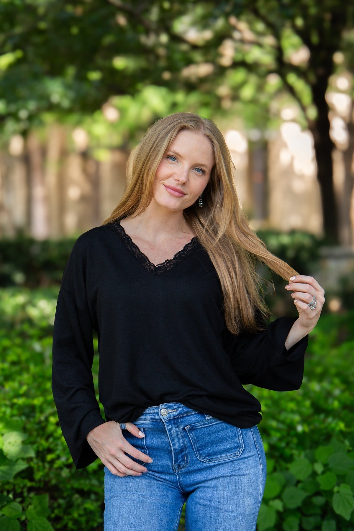 Black Lace-Trim V-Neck Top