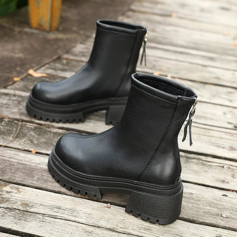 Black Faux Leather Platform Ankle Boots