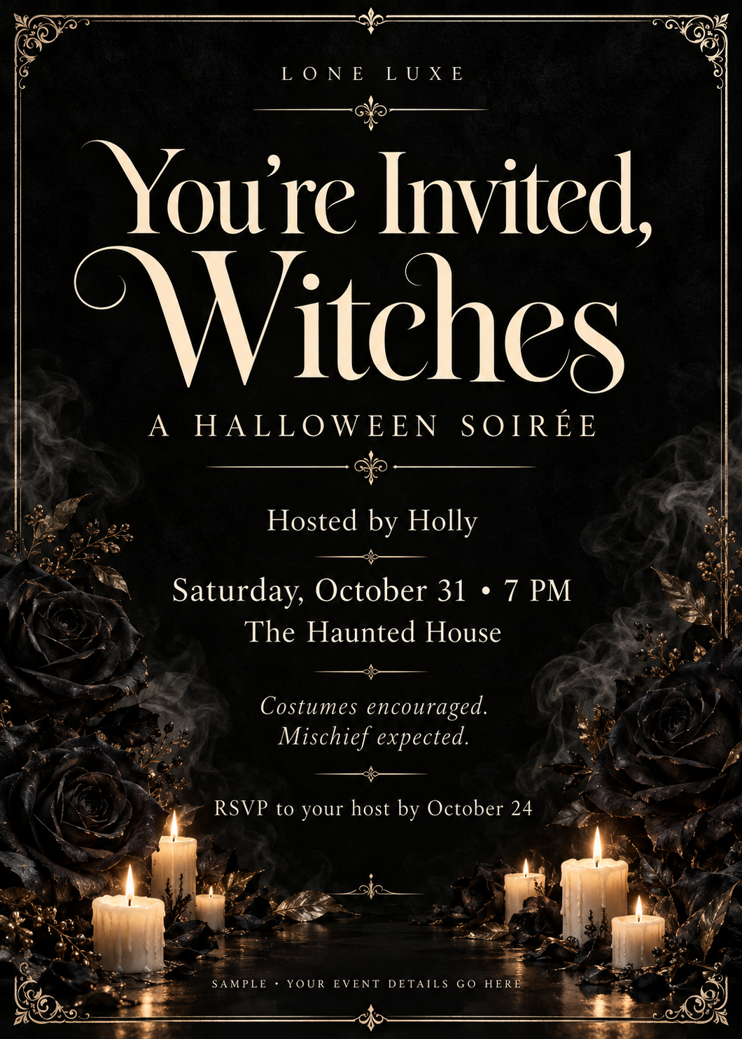 Halloween invitation sample; event details will be personalized for each customer.