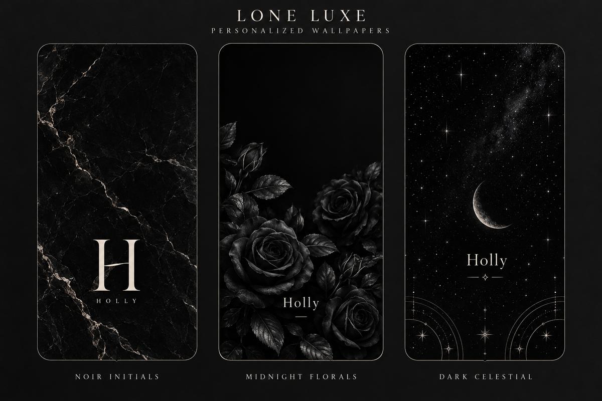 Example personalized wallpaper designs: Noir Initials, Midnight Florals and Dark Celestial.